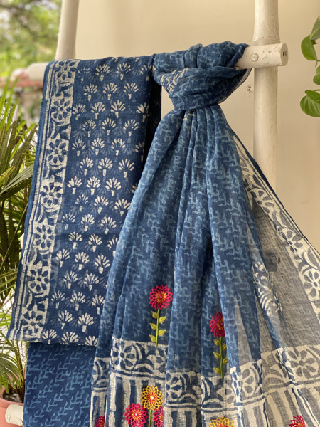 INDIGO HAND BLOCK PRINT KOTA  EMBROIDERED DUPATTA SET