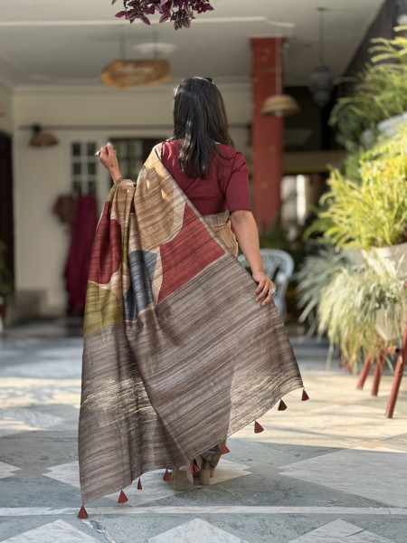 MULTI COLOUR GHICHA TUSSAR SILK PRINTED SARI