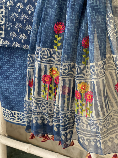 INDIGO HAND BLOCK PRINT KOTA  EMBROIDERED DUPATTA SET