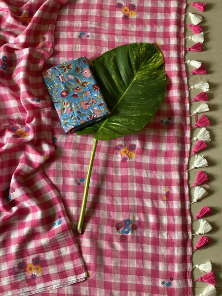 PINK GINGHAM CHECKS WITH HAND PAINTING MULMUL COTTON SARI