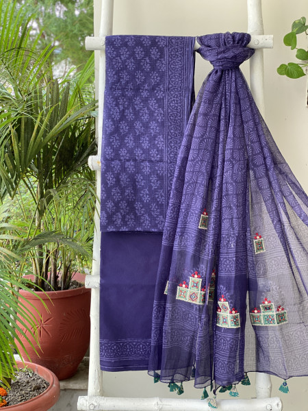 INK BLUE HAND BLOCK PRINT KOTA  EMBROIDERED DUPATTA SET
