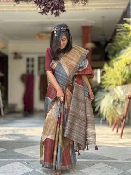 MULTI COLOUR GHICHA TUSSAR SILK PRINTED SARI