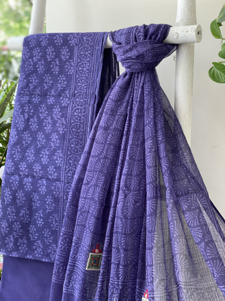 INK BLUE HAND BLOCK PRINT KOTA  EMBROIDERED DUPATTA SET