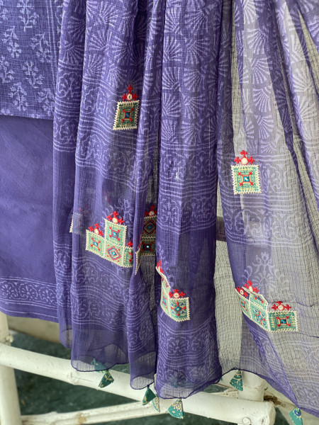 INK BLUE HAND BLOCK PRINT KOTA  EMBROIDERED DUPATTA SET