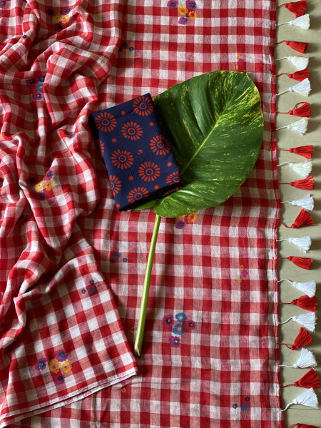 RED GINGHAM CHECKS WITH HAND PAINTING MULMUL COTTON SARI