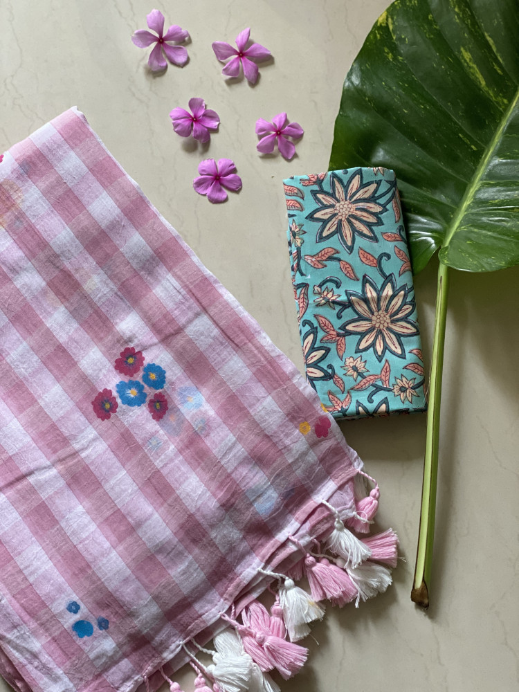 Image of POWDER PINK GINGHAM CHECKS WITH HAND PAINTING MULMUL COTTON SARI