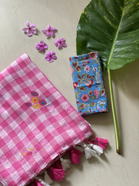 PINK GINGHAM CHECKS WITH HAND PAINTING MULMUL COTTON SARI