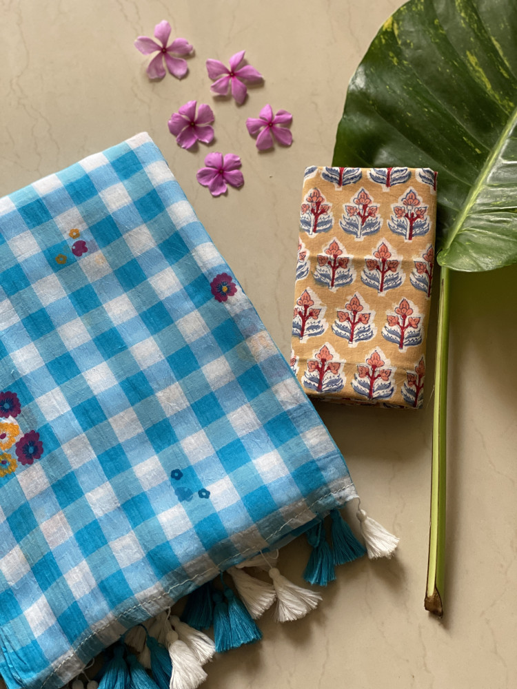 Image of BLUE GINGHAM CHECKS WITH HAND PAINTING MULMUL COTTON SARI