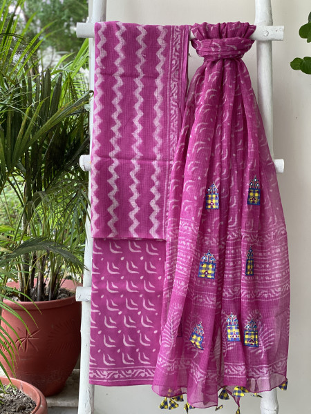 PINK HAND BLOCK PRINT KOTA  EMBROIDERED DUPATTA SET