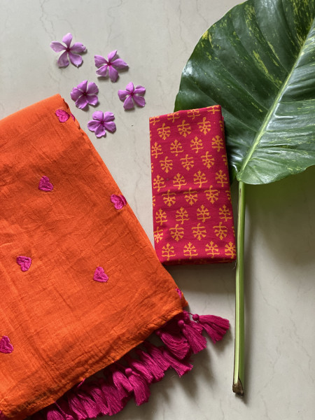 ORANGE COTTON MULMUL EMBROIDERED SARI