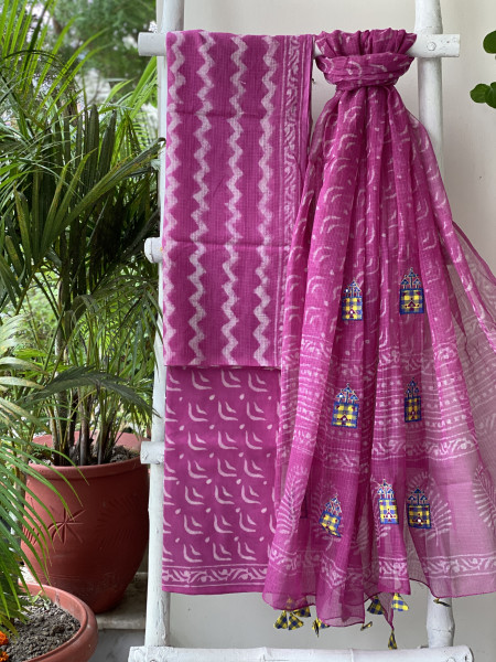 PINK HAND BLOCK PRINT KOTA  EMBROIDERED DUPATTA SET