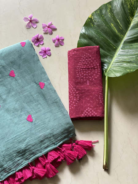 TEAL COTTON MULMUL EMBROIDERED SARI