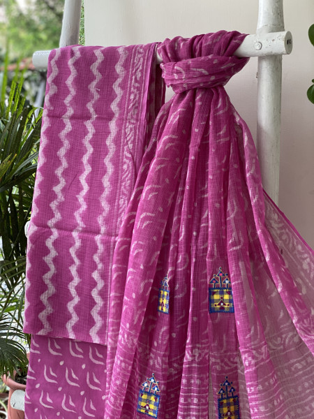 PINK HAND BLOCK PRINT KOTA  EMBROIDERED DUPATTA SET