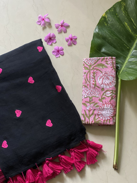 BLACK COTTON MULMUL EMBROIDERED SARI