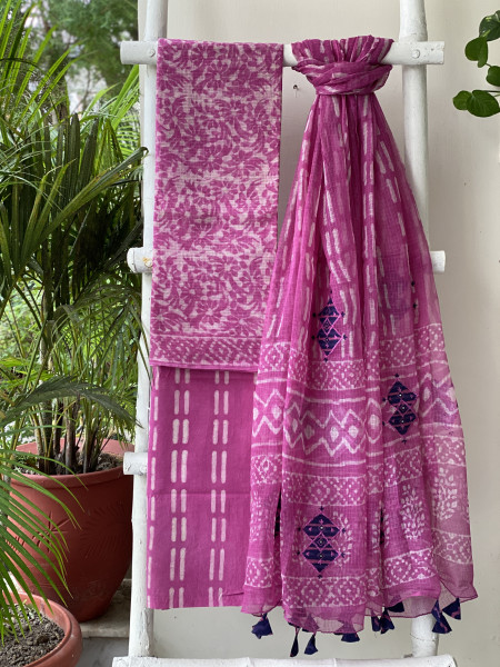 PINK HAND BLOCK PRINT KOTA  EMBROIDERED DUPATTA SET