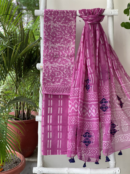 PINK HAND BLOCK PRINT KOTA  EMBROIDERED DUPATTA SET