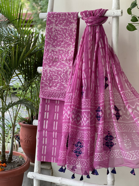 PINK HAND BLOCK PRINT KOTA  EMBROIDERED DUPATTA SET