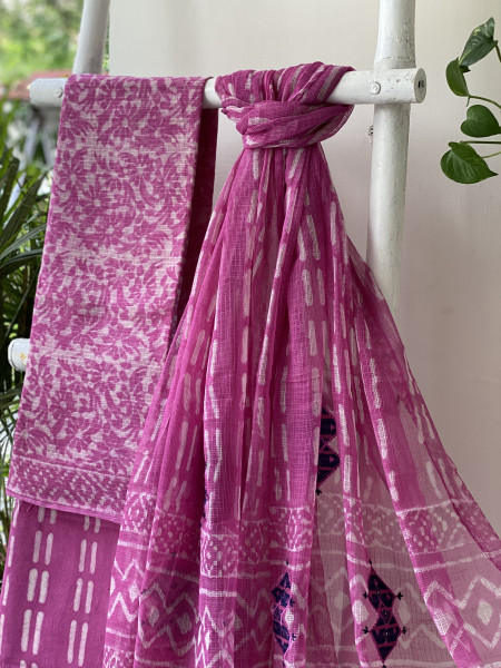 PINK HAND BLOCK PRINT KOTA  EMBROIDERED DUPATTA SET