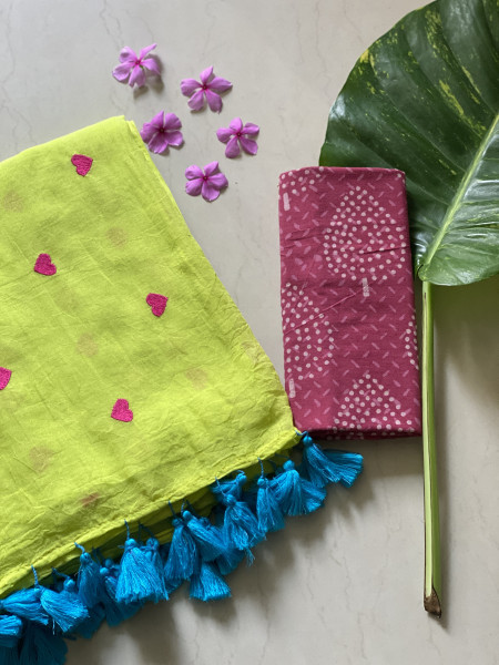 NEON GREEN COTTON MULMUL EMBROIDERED SARI