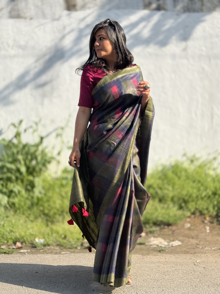 MULTI COLOUR GHICHA TUSSAR SILK PRINTED SARI