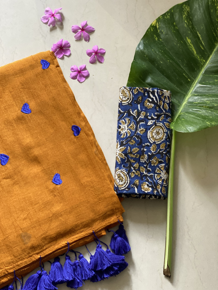 Image of MUSTARD COTTON MULMUL EMBROIDERED SARI