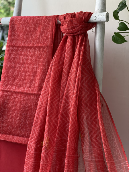 RED HAND BLOCK PRINT KOTA  EMBROIDERED DUPATTA SET