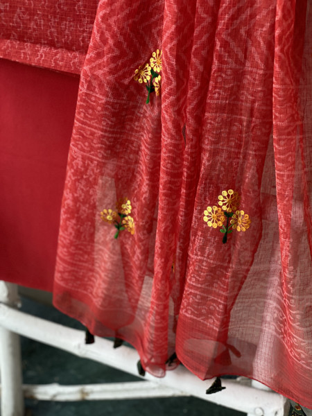 RED HAND BLOCK PRINT KOTA  EMBROIDERED DUPATTA SET