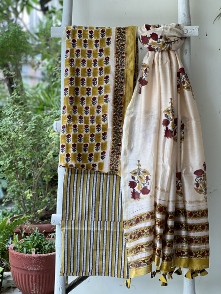 MUSTARD-IVORY HAND BLOCK PRINT CHANDERI SILK & COTTON DUPATTA SET