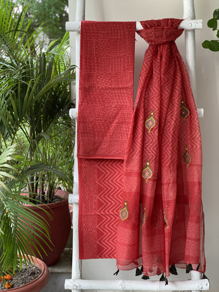 RED HAND BLOCK PRINT KOTA  EMBROIDERED DUPATTA SET