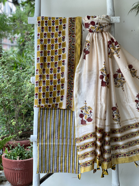 MUSTARD-IVORY HAND BLOCK PRINT CHANDERI SILK & COTTON DUPATTA SET