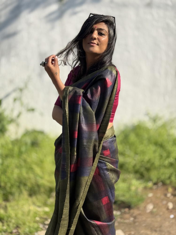 Image of MULTI COLOUR GHICHA TUSSAR SILK PRINTED SARI