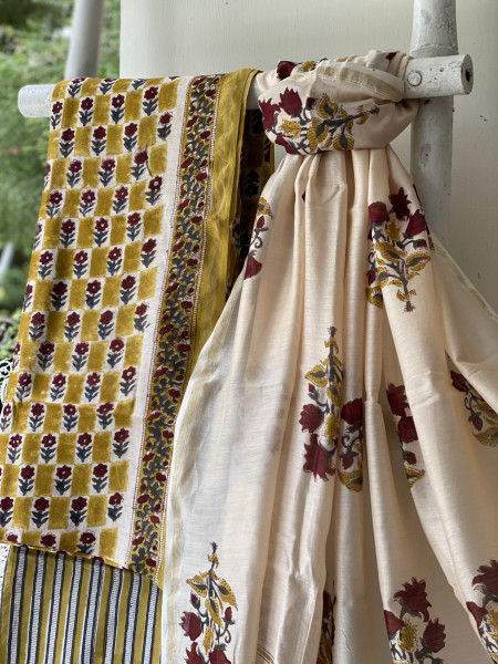 MUSTARD-IVORY HAND BLOCK PRINT CHANDERI SILK & COTTON DUPATTA SET