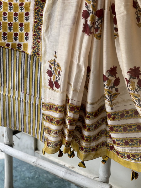 MUSTARD-IVORY HAND BLOCK PRINT CHANDERI SILK & COTTON DUPATTA SET