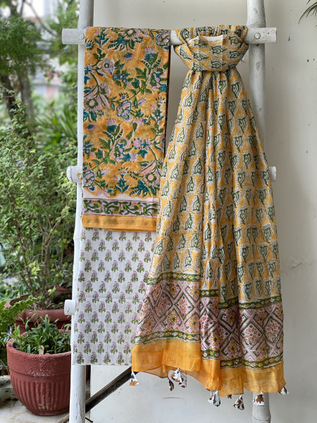YELLOW-OFF WHITE HAND BLOCK PRINT CHANDERI SILK & COTTON DUPATTA SET