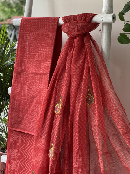 RED HAND BLOCK PRINT KOTA  EMBROIDERED DUPATTA SET