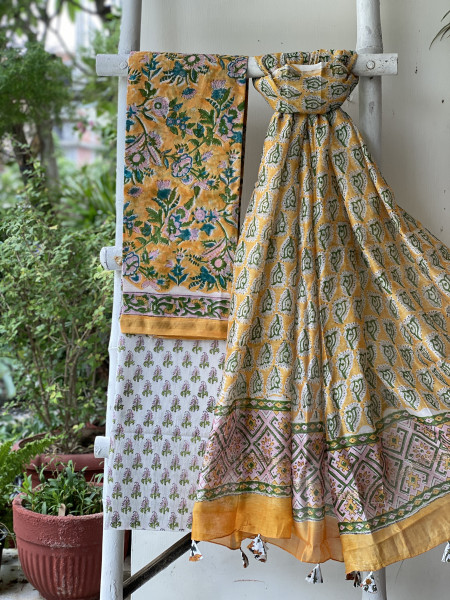 YELLOW-OFF WHITE HAND BLOCK PRINT CHANDERI SILK & COTTON DUPATTA SET