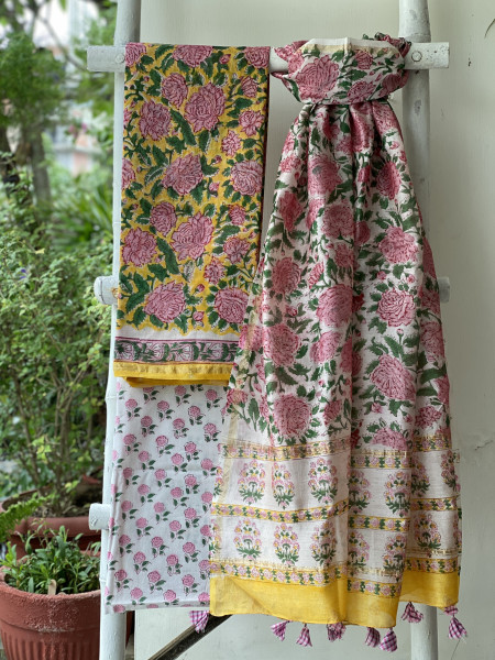 YELLOW-OFF WHITE HAND BLOCK PRINT CHANDERI SILK & COTTON DUPATTA SET