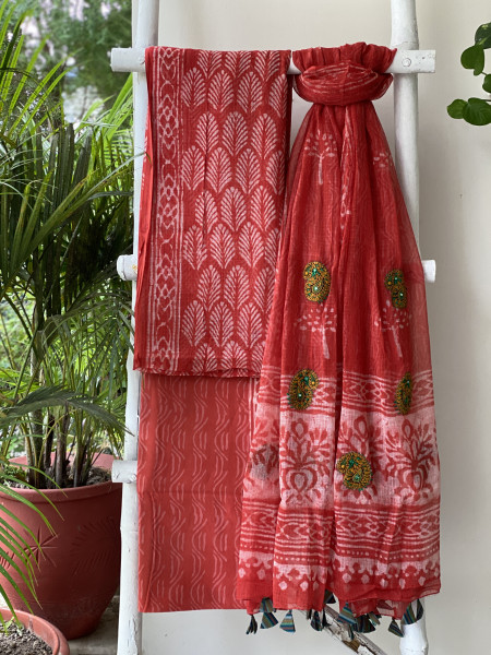 RED HAND BLOCK PRINT KOTA  EMBROIDERED DUPATTA SET