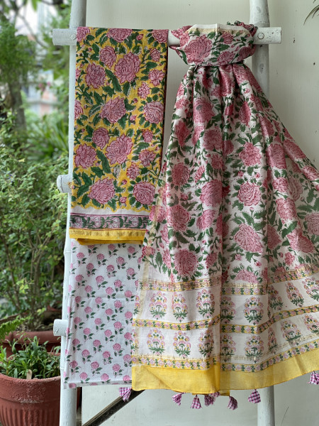 YELLOW-OFF WHITE HAND BLOCK PRINT CHANDERI SILK & COTTON DUPATTA SET