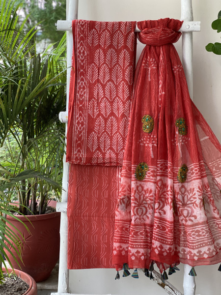RED HAND BLOCK PRINT KOTA  EMBROIDERED DUPATTA SET