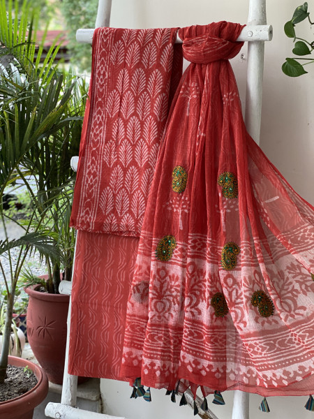 RED HAND BLOCK PRINT KOTA  EMBROIDERED DUPATTA SET