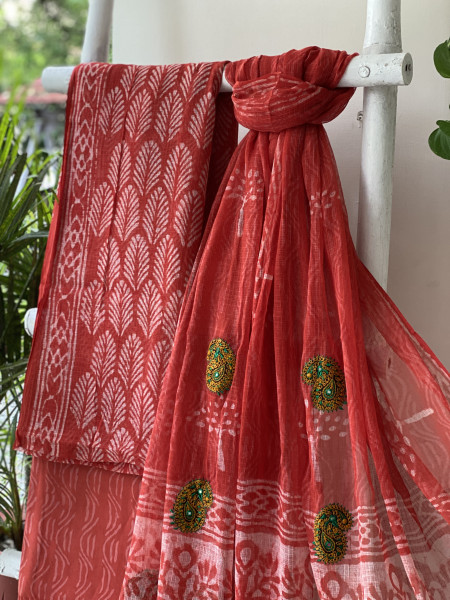 RED HAND BLOCK PRINT KOTA  EMBROIDERED DUPATTA SET