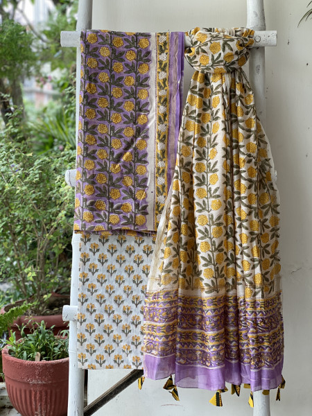LAVENDER-OFF WHITE HAND BLOCK PRINT CHANDERI SILK & COTTON DUPATTA SET