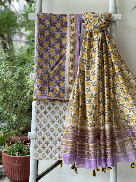 LAVENDER-OFF WHITE HAND BLOCK PRINT CHANDERI SILK & COTTON DUPATTA SET