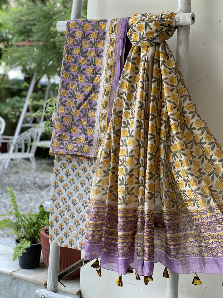 Image of LAVENDER-OFF WHITE HAND BLOCK PRINT CHANDERI SILK &amp; COTTON DUPATTA SET