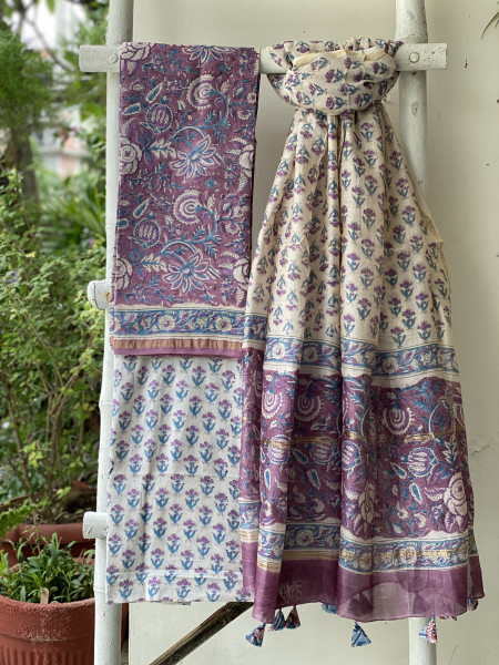 LILAC-OFF WHITE HAND BLOCK PRINT CHANDERI SILK & COTTON DUPATTA SET