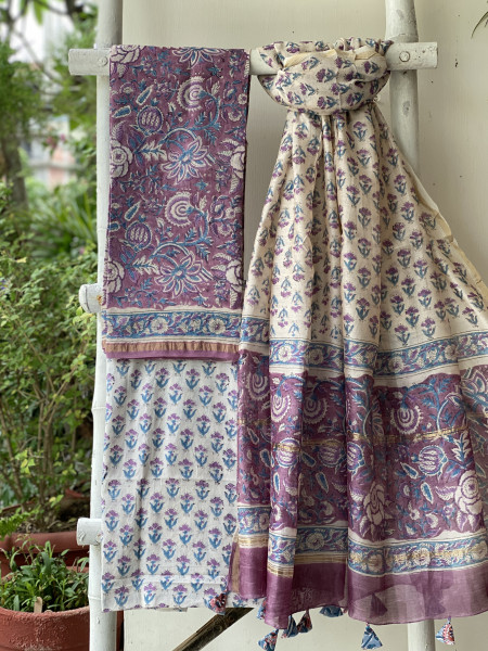 LILAC-OFF WHITE HAND BLOCK PRINT CHANDERI SILK & COTTON DUPATTA SET