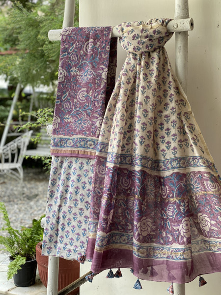 LILAC-OFF WHITE HAND BLOCK PRINT CHANDERI SILK & COTTON DUPATTA SET