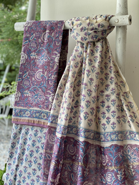 LILAC-OFF WHITE HAND BLOCK PRINT CHANDERI SILK & COTTON DUPATTA SET