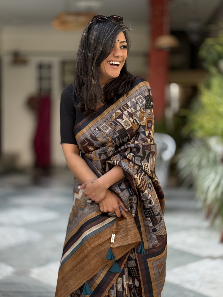 Image of MULTI COLOUR GHICHA TUSSAR SILK PRINTED SARI